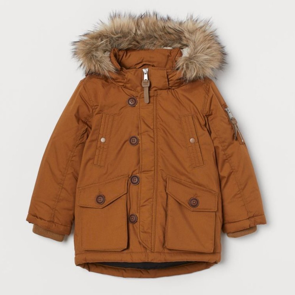 H&M Padded Parka w/Faux Fur Hood, Ochre 5-6Y